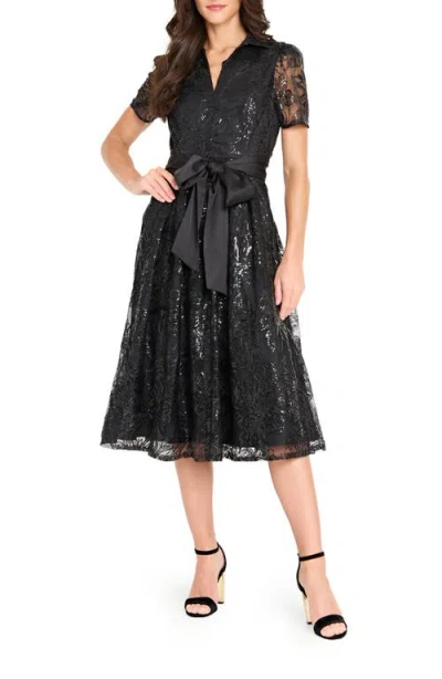 Tahari Asl Sequin Tie Waist Midi Dress In Black