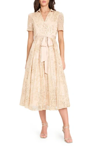 Tahari Asl Sequin Tie Waist Midi Dress In Gold