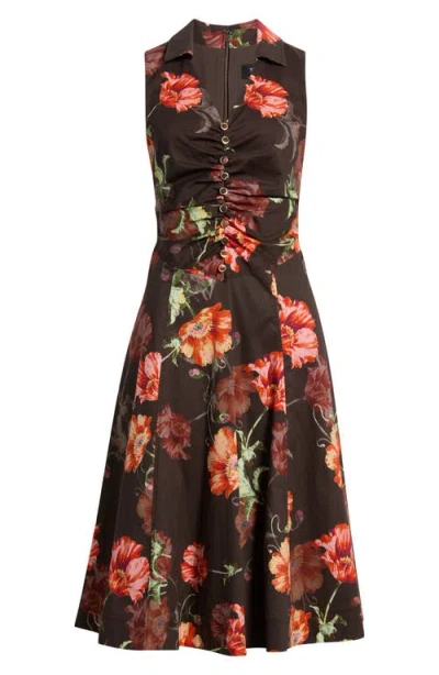Tahari Asl Shirred Bodice Sleeveless Stretch Cotton Midi Dress In Brown