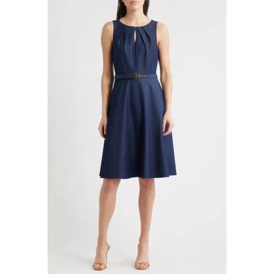 Tahari Asl Sleeveless Belted Fit & Flare Dress In Blue