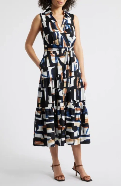 Tahari Asl Sleeveless Tie Waist Shirtdress In Black Sand