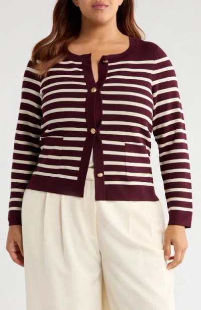 Tahari Asl Stripe Cardigan In Burgundy