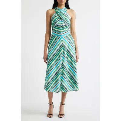 Tahari Asl Stripe Cross Neck Midi Dress In Green