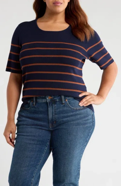 Tahari Asl Stripe Short Sleeve Sweater In Blue