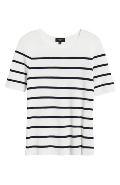 Tahari Asl Stripe Short Sleeve Sweater In Ivory,navy
