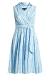 Tahari Asl Plus Size Cotton Striped Faux-wrap Shirtdress In White Blue