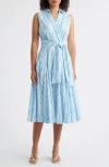 Tahari Asl Plus Size Cotton Striped Faux-wrap Shirtdress In White Blue