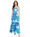 Tahari Asl Floral Crinkled Satin Gown In Teal Navy