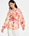 Tahari Asl Floral Bow Neck Charmeuse Top In Peach Water Color