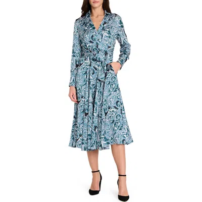 Tahari Asl Tie Belt Matte Satin Shirtdress In Blue