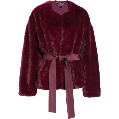 Tahari Asl Tie Waist Faux Fur Jacket In Burgundy
