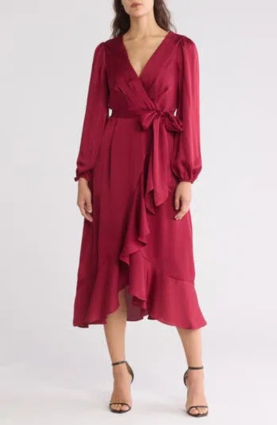 Tahari Asl Tie Waist Long Sleeve Midi Dress In Red