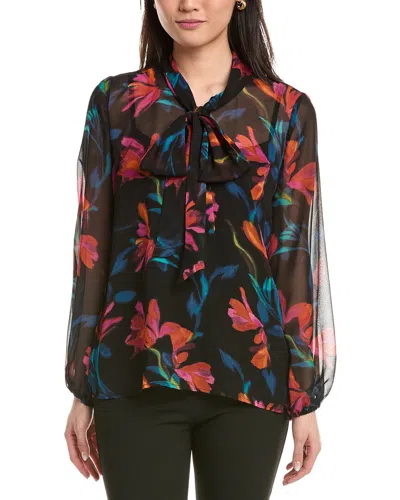 Tahari Asl Floral Bow Neck Chiffon Top In Multi