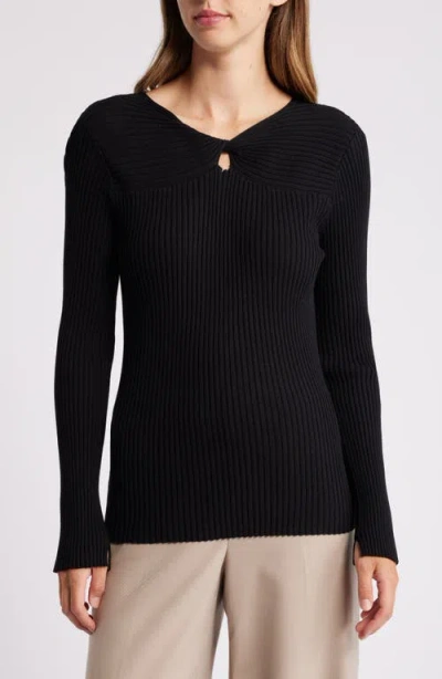 Tahari Asl Twist Neck Cutout Rib Sweater In Black