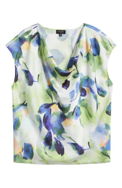 Tahari Asl Watercolor Cowl Neck Satin Top In Fern Watercolor