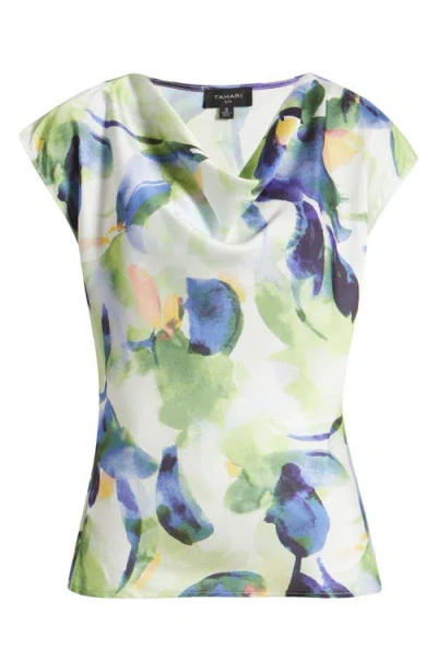 Tahari Asl Watercolor Cowl Neck Satin Top In Fern Watercolor