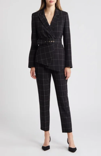 Tahari Asl Windowpane Check Belted Blazer & Pants Set In Black