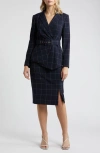 Tahari Asl Windowpane Check Belted Blazer & Pants Set In Blue