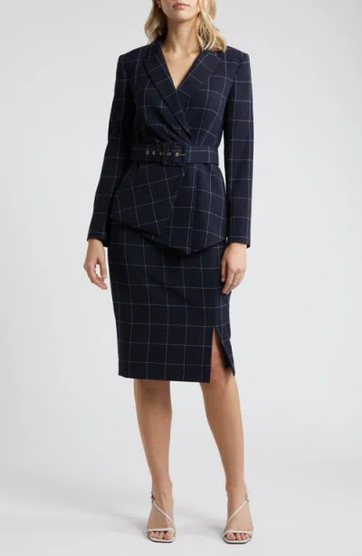 Tahari Asl Windowpane Check Belted Blazer & Pants Set In Blue