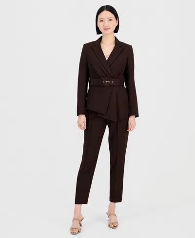 Tahari Asl Women's Belted Asymmetrical Jacket & Slim-fit Pantsuit Set In Brown