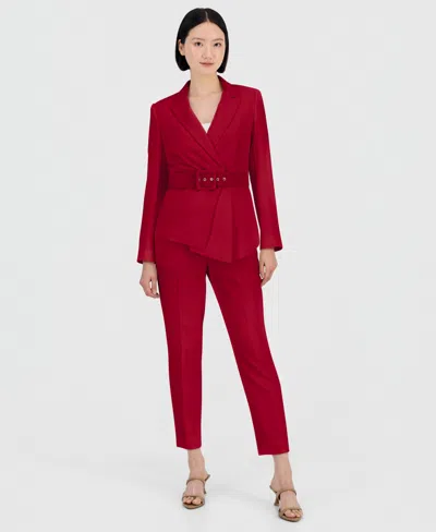 Tahari Asl Women's Belted Asymmetrical Jacket & Slim-fit Pantsuit Set In Red