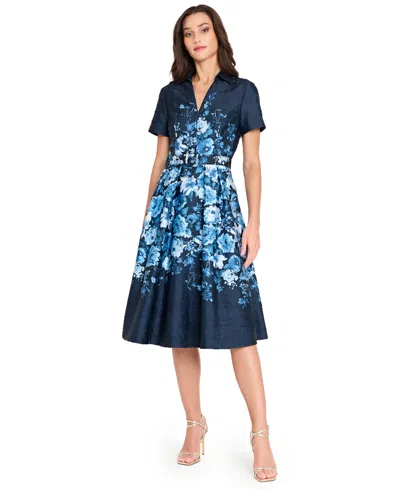Tahari Asl Women's Belted Floral-print V-neck Midi Dress In Blue