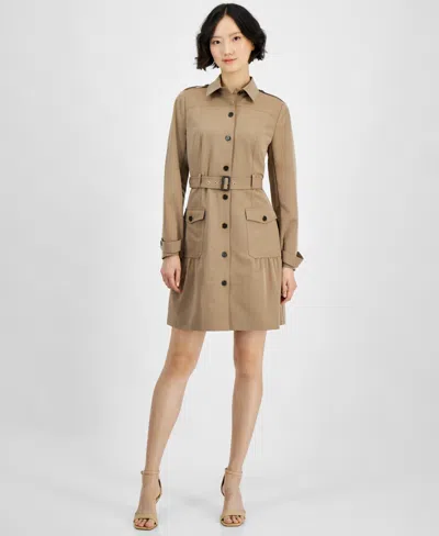 Tahari Asl Women's Belted Safari Long-sleeve Dress In Latte