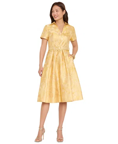 Tahari Asl Women's Belted Short-sleeve Collared Midi Dress In Yellow