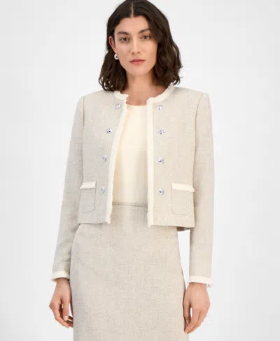 Tahari Asl Women's Boucle Collarless Cropped Jacket In Khaki,ivory