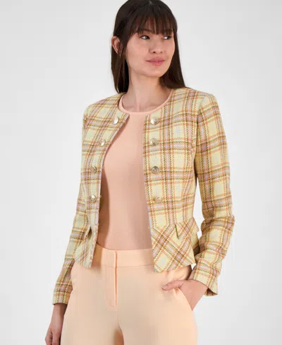 Tahari Asl Women's Boucle Plaid Peplum Cropped Jacket In Butter Peach Blue