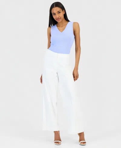 Tahari Asl Women's Clean-waist Linen-blend Wide-leg Pants In White
