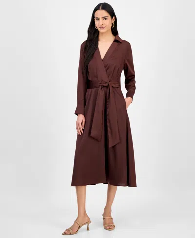 Tahari Asl Women's Collared V-neck Tie-waist Midi Dress In Brown