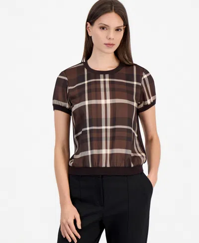 Tahari Asl Women's Crewneck Short-sleeve Plaid-print Sweater In Brown