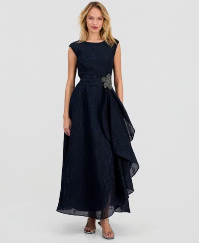 Tahari Asl Beaded Flower Crinkled Taffeta Dress In Blue