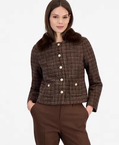 Tahari Asl Women's Cropped Boucle Plaid Jacket In Brown