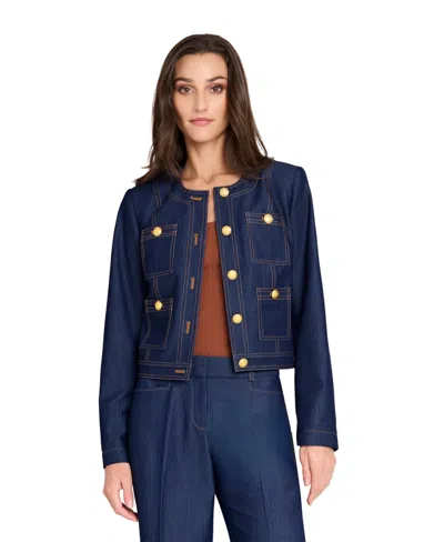 Tahari Asl Women's Denim Cropped Long Sleeve Jacket In Blue