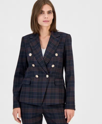 Tahari Asl Women's Double-breasted Plaid Blazer In Black