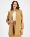Tahari Asl Womens Faux Suede Stand Collar Jacket Twisted Keyhole Long Sleeve Ribbed Knit Top Faux Suede Pencil In Fawn