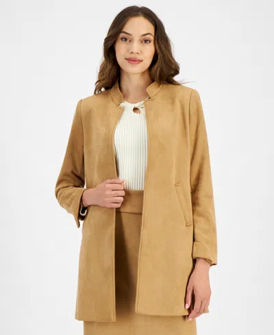 Tahari Asl Womens Faux Suede Stand Collar Jacket Twisted Keyhole Long Sleeve Ribbed Knit Top Faux Suede Pencil In Fawn
