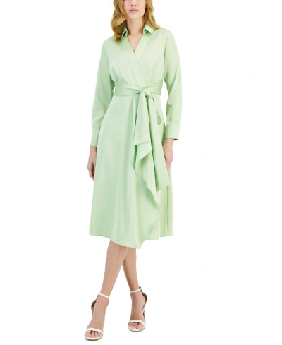 Tahari Asl Women's Faux-wrap Long-sleeve Midi Dress In Moss