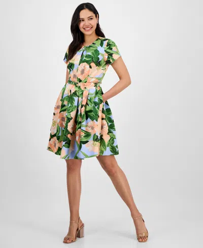 Tahari Women's Floral Belted Pleated Short-sleeve Dress In Peach Magnolia