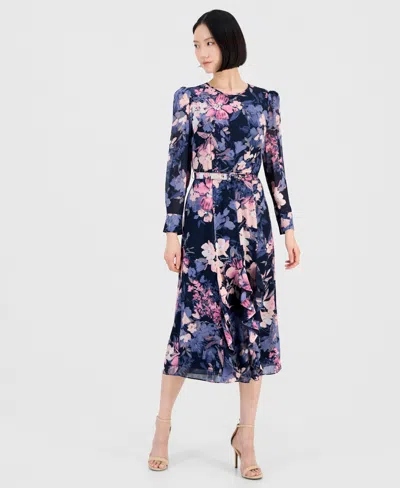 Tahari Asl Women's Floral Long-sleeve Ruffled Dress In Blue