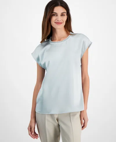 Tahari Asl Women's Fringe-trim-neck Short-sleeve Satin Top In Dusty Aqua