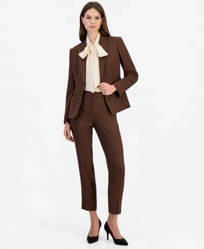 Tahari Asl Women's Herringbone Classic Mid-rise Straight-leg Pants, 28" Inseam In Brown