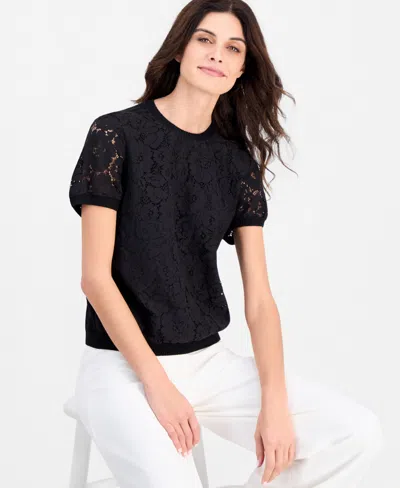Tahari Asl Women's Lace-front Short-sleeve Sweater In Black