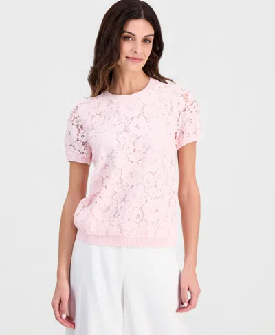 Tahari Asl Women's Lace-front Short-sleeve Sweater In Pink