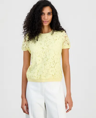 Tahari Asl Women's Lace-front Short-sleeve Sweater In Yellow