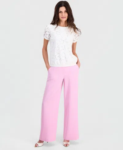 Tahari Asl Women's Lace-front Short-sleeve Sweater In White