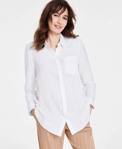 Tahari Asl Women's Linen-blend Long Sleeve Button Front Shirt In Ivory