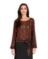 Tahari Asl Women's Long Sleeve Sequin Top In Brown